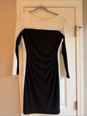 Chaps Black and White Long Sleeve Colorblock Sheath Dress